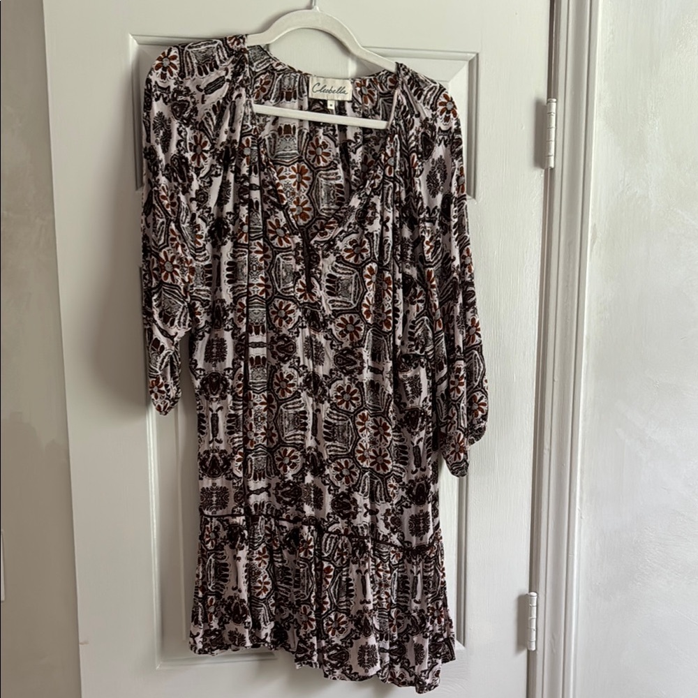 Cleobella Boho Long-Sleeve Floral Tunic Dress in Brown and Black